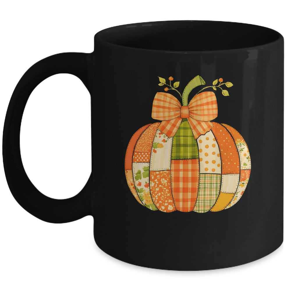 Fall Patchwork Pumpkin Bow Autumn Halloween Thanksgiving Mug | siriusteestore
