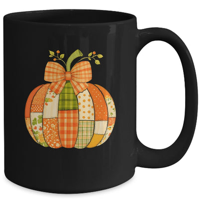 Fall Patchwork Pumpkin Bow Autumn Halloween Thanksgiving Mug | siriusteestore