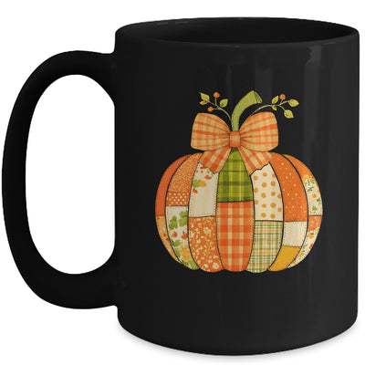 Fall Patchwork Pumpkin Bow Autumn Halloween Thanksgiving Mug | siriusteestore
