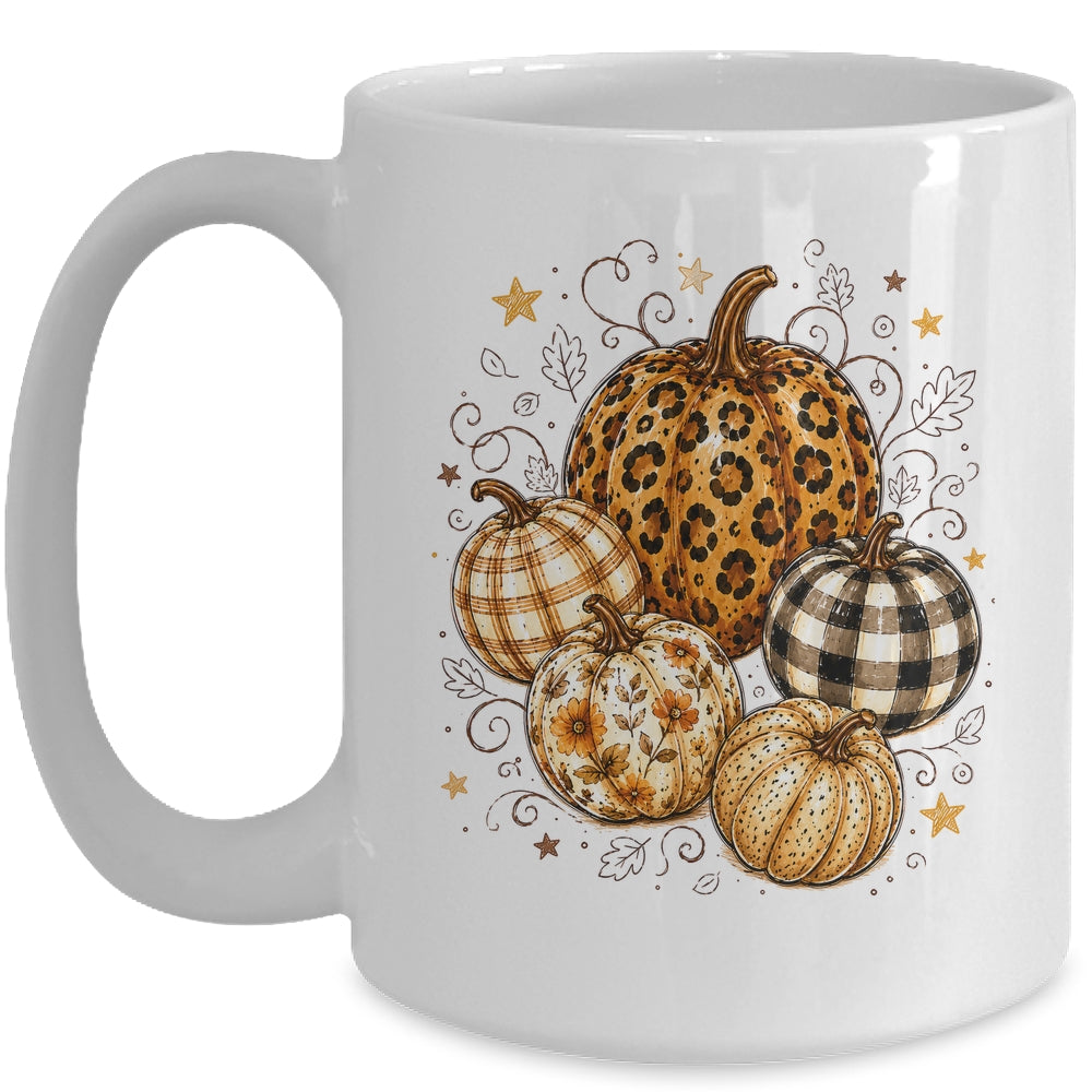 Fall Pumpkin Leopard Print Polka Dot Checkered Fall Autumn Mug | siriusteestore