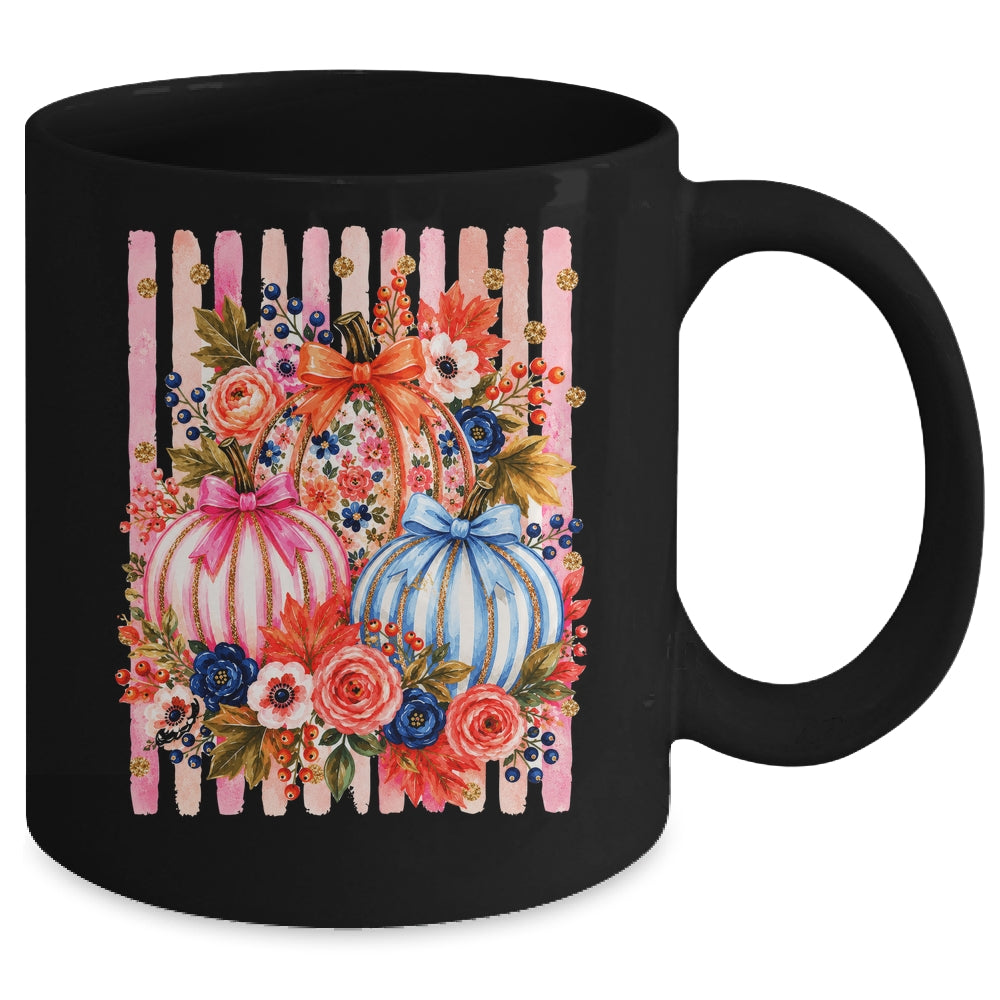 Fall Pumpkins Striped Preppy Floral Bow Pumpkin Women Girl Mug | siriusteestore