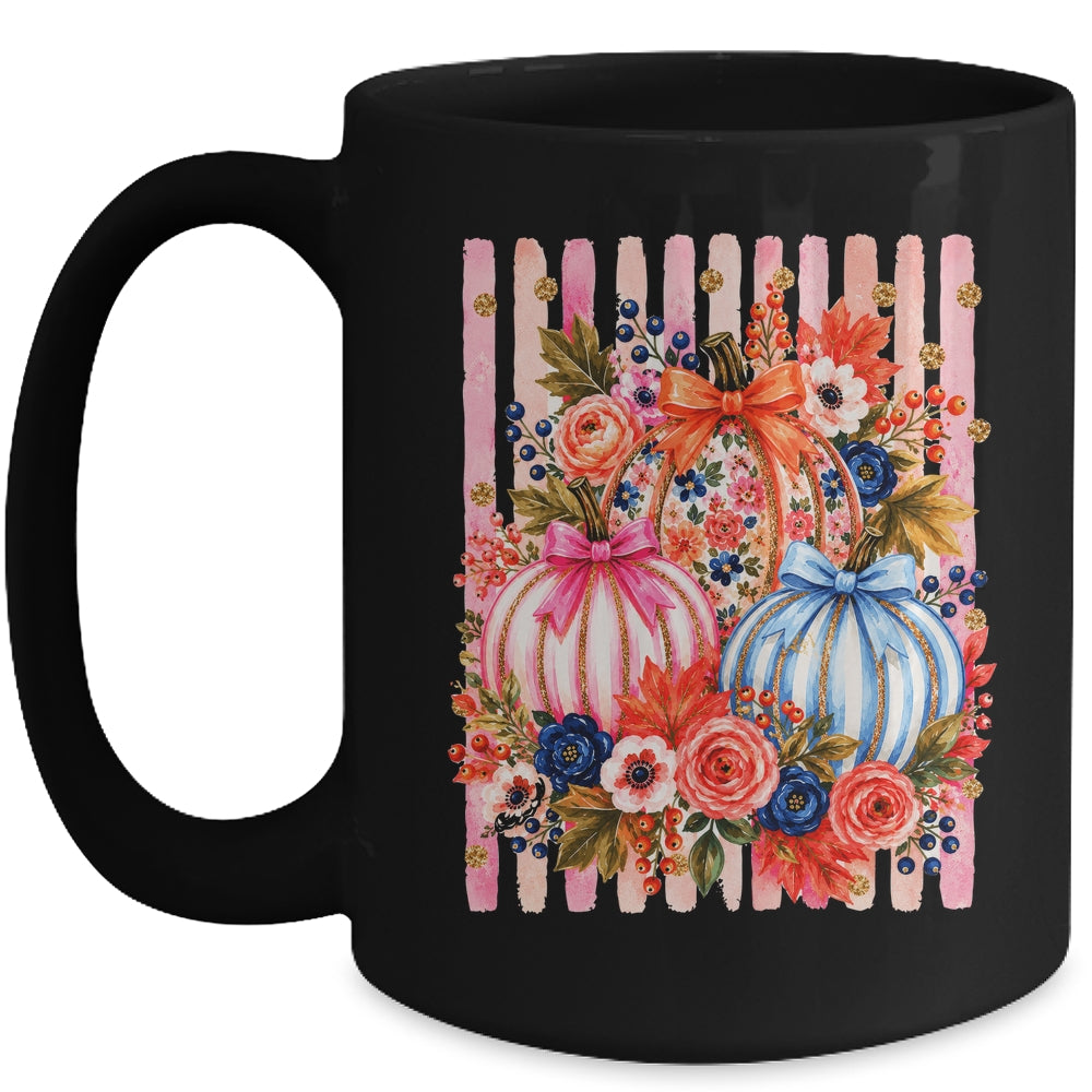 Fall Pumpkins Striped Preppy Floral Bow Pumpkin Women Girl Mug | siriusteestore
