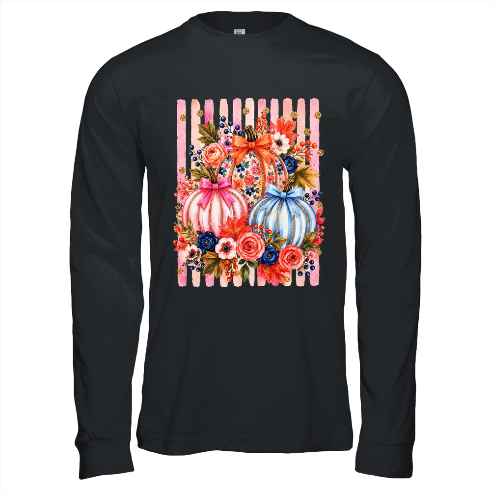 Fall Pumpkins Striped Preppy Floral Bow Pumpkin Women Girl Shirt & Hoodie | siriusteestore