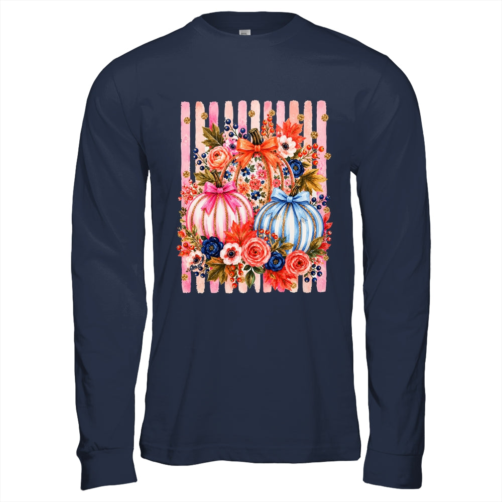 Fall Pumpkins Striped Preppy Floral Bow Pumpkin Women Girl Shirt & Hoodie | siriusteestore