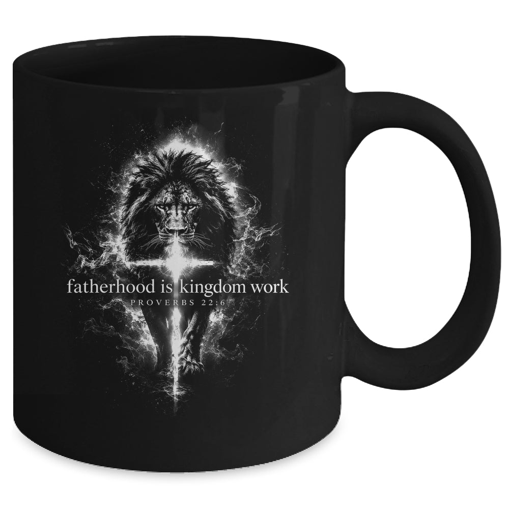 Fatherhood Is Kingdom Work Retro Faith Based Lion Cross Mug | siriusteestore