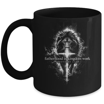 Fatherhood Is Kingdom Work Retro Faith Based Lion Cross Mug | siriusteestore