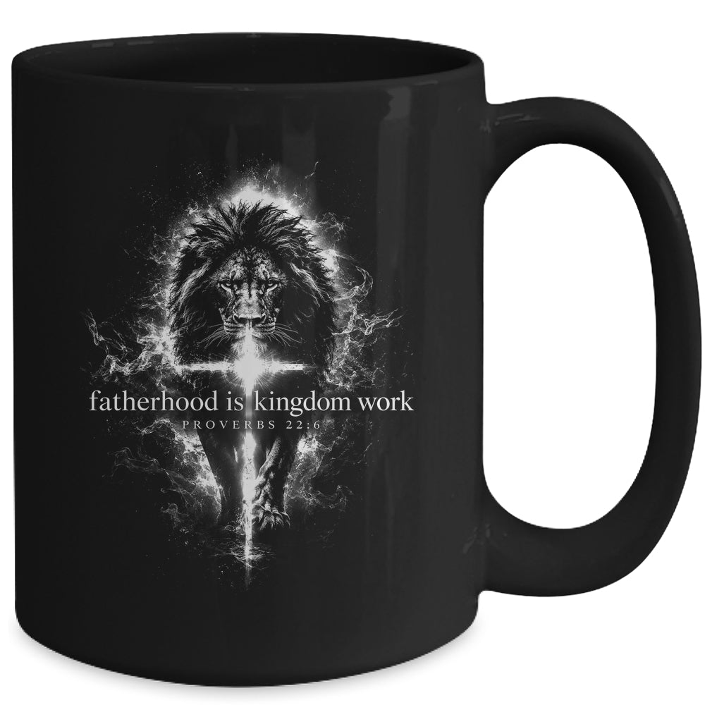 Fatherhood Is Kingdom Work Retro Faith Based Lion Cross Mug | siriusteestore