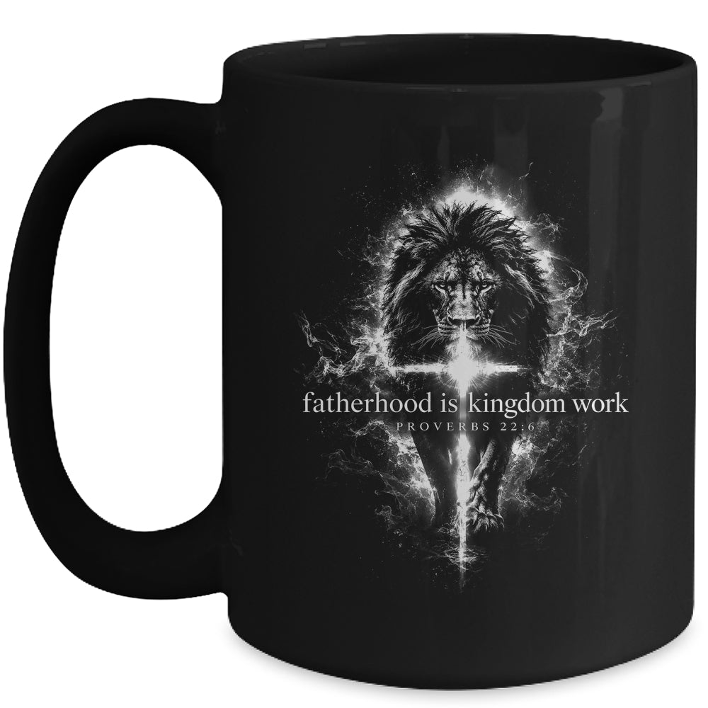 Fatherhood Is Kingdom Work Retro Faith Based Lion Cross Mug | siriusteestore