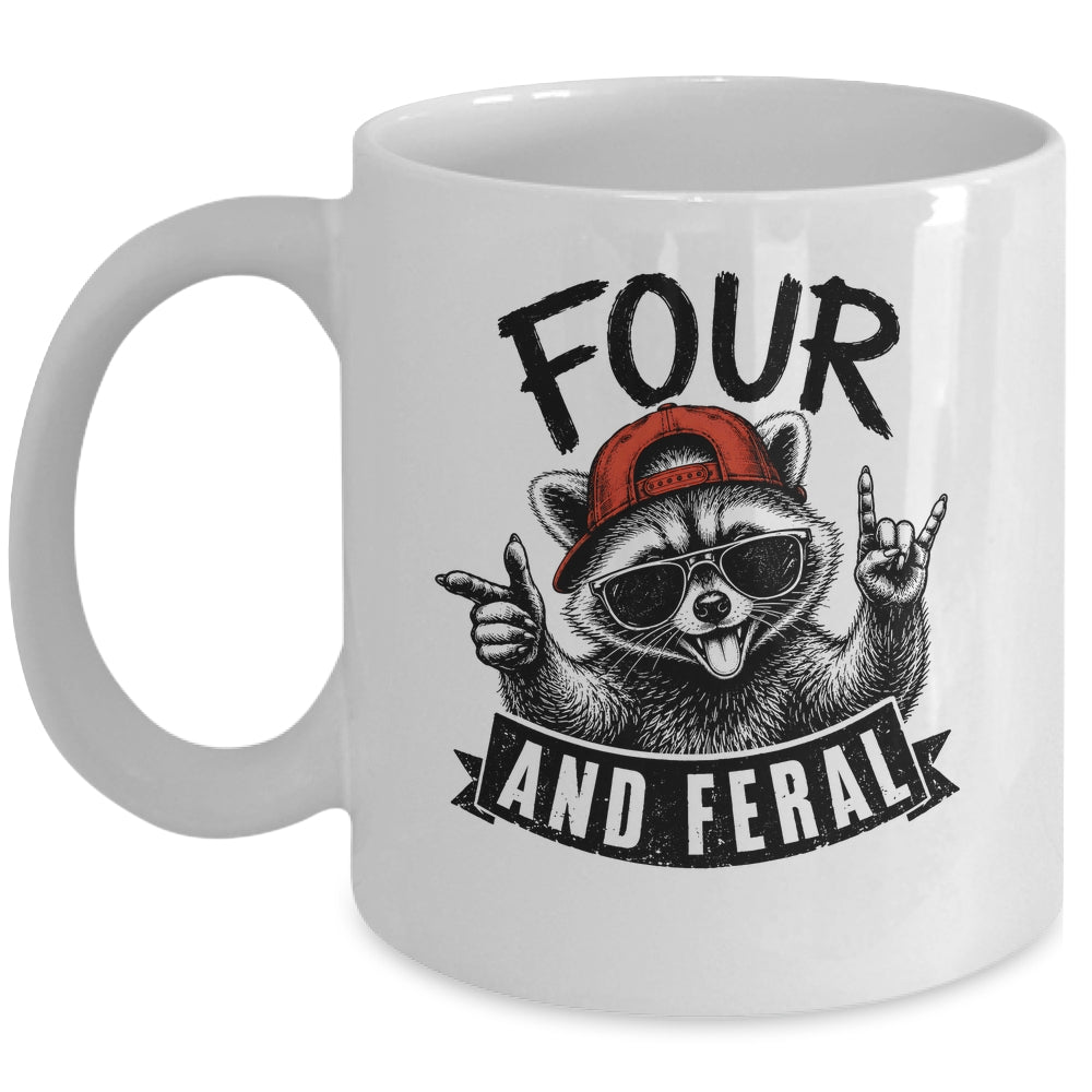Feral And Four Raccoon Funny 4Th Birthday Girls Boys Kids Mug | siriusteestore