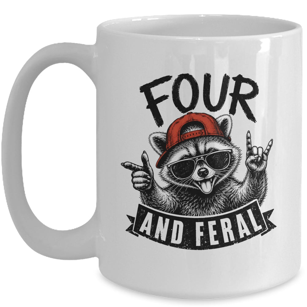 Feral And Four Raccoon Funny 4Th Birthday Girls Boys Kids Mug | siriusteestore