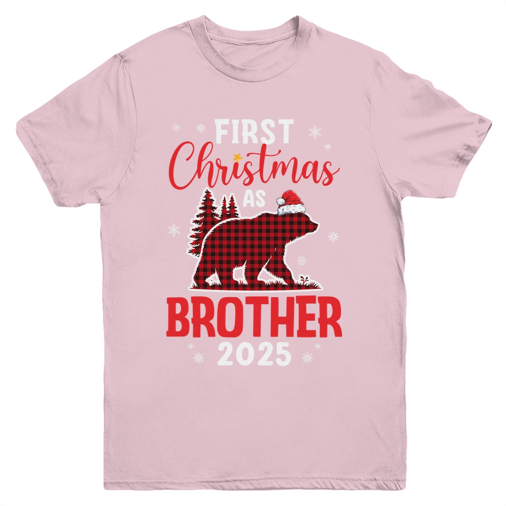 First Christmas As Brother Red Plaid Bear Santa Hat 2025 Youth Shirt | siriusteestore