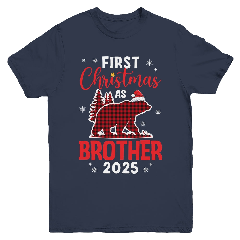 First Christmas As Brother Red Plaid Bear Santa Hat 2025 Youth Shirt | siriusteestore