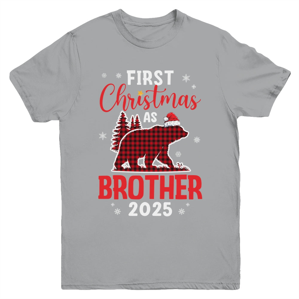 First Christmas As Brother Red Plaid Bear Santa Hat 2025 Youth Shirt | siriusteestore