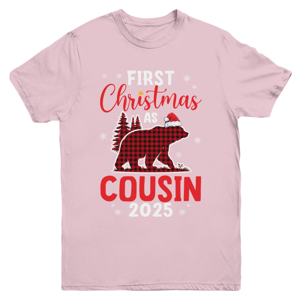 First Christmas As Cousin Red Plaid Bear Santa Hat 2025 Youth Shirt | siriusteestore