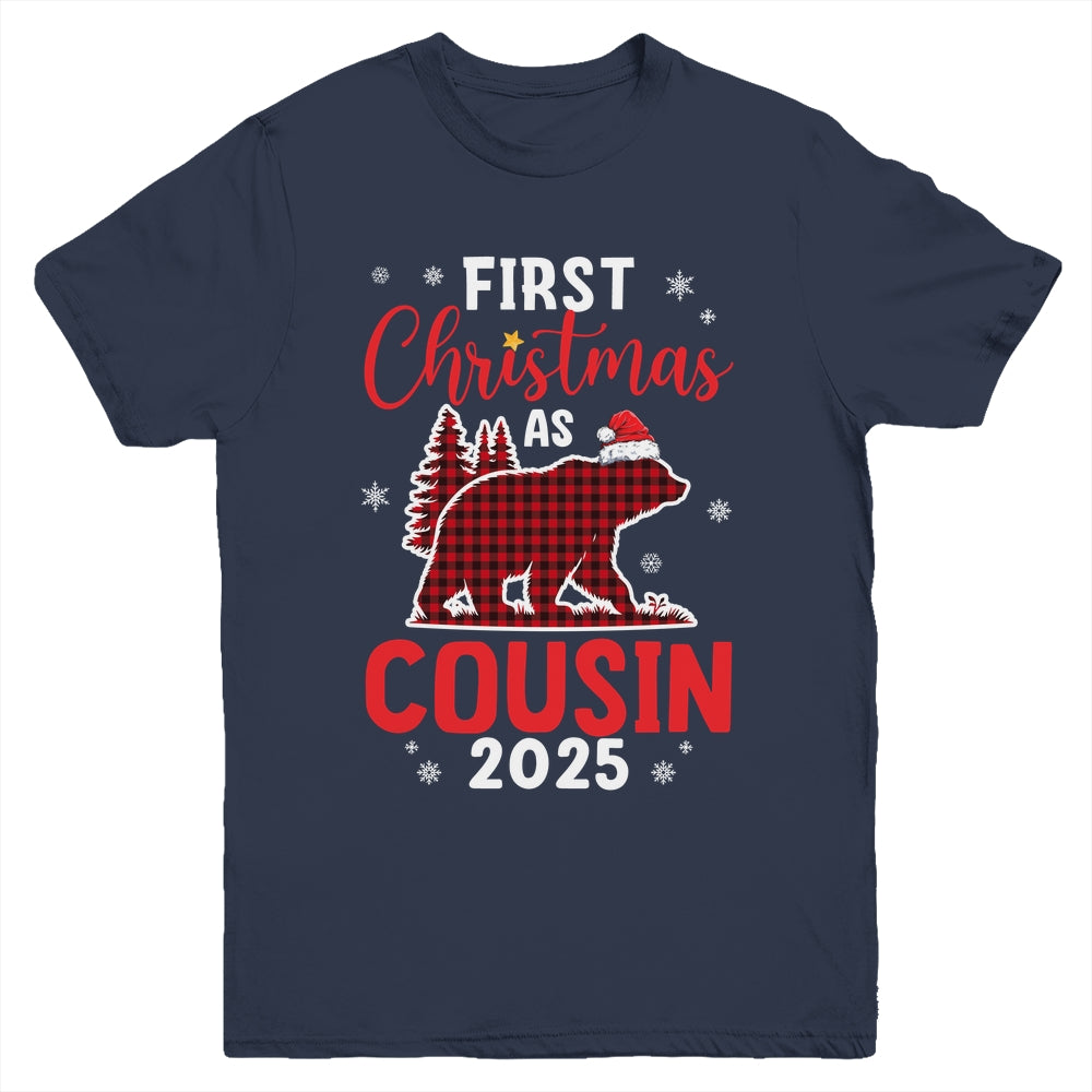 First Christmas As Cousin Red Plaid Bear Santa Hat 2025 Youth Shirt | siriusteestore