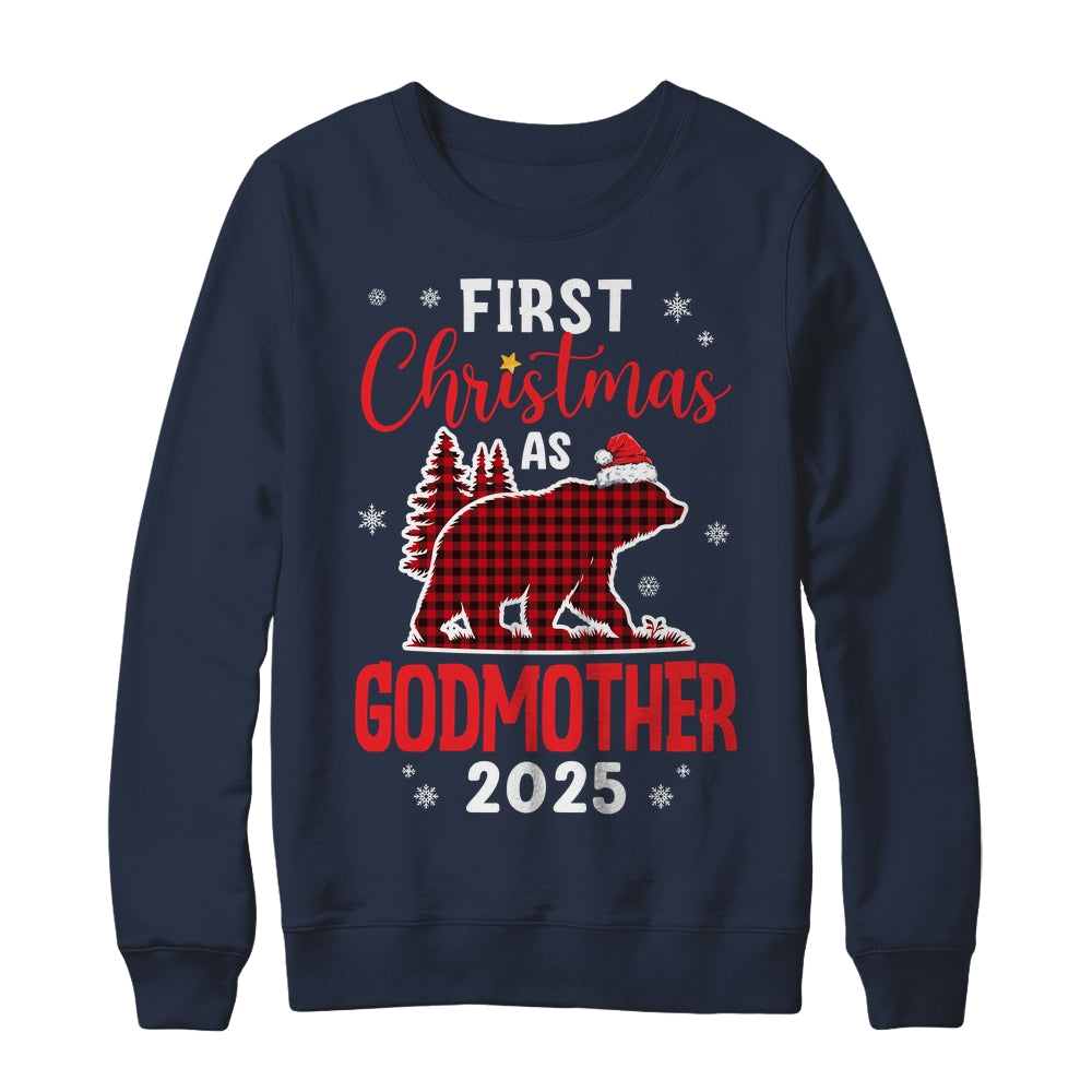 First Christmas As Godmother Red Plaid Bear Santa Hat 2025 Shirt & Sweatshirt | siriusteestore