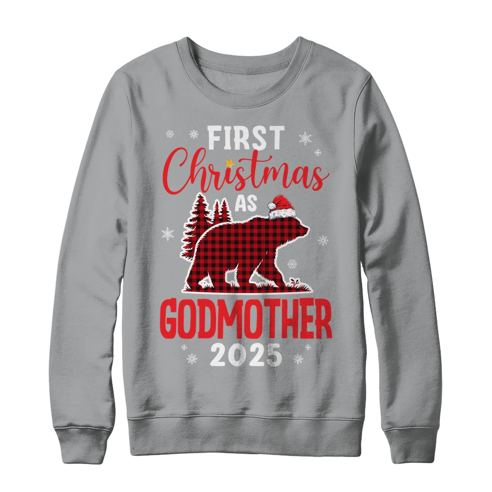 First Christmas As Godmother Red Plaid Bear Santa Hat 2025 Shirt & Sweatshirt | siriusteestore
