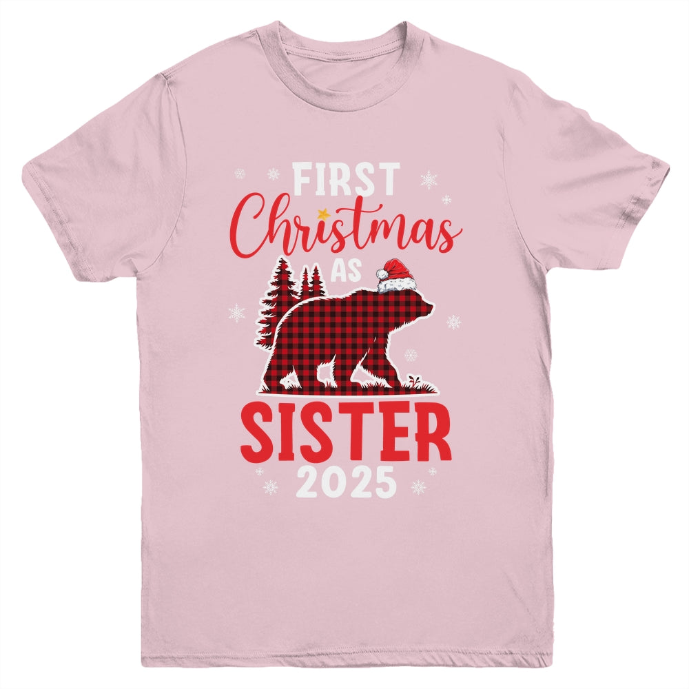 First Christmas As Sister Red Plaid Bear Santa Hat 2025 Youth Shirt | siriusteestore