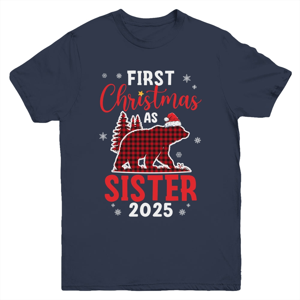 First Christmas As Sister Red Plaid Bear Santa Hat 2025 Youth Shirt | siriusteestore