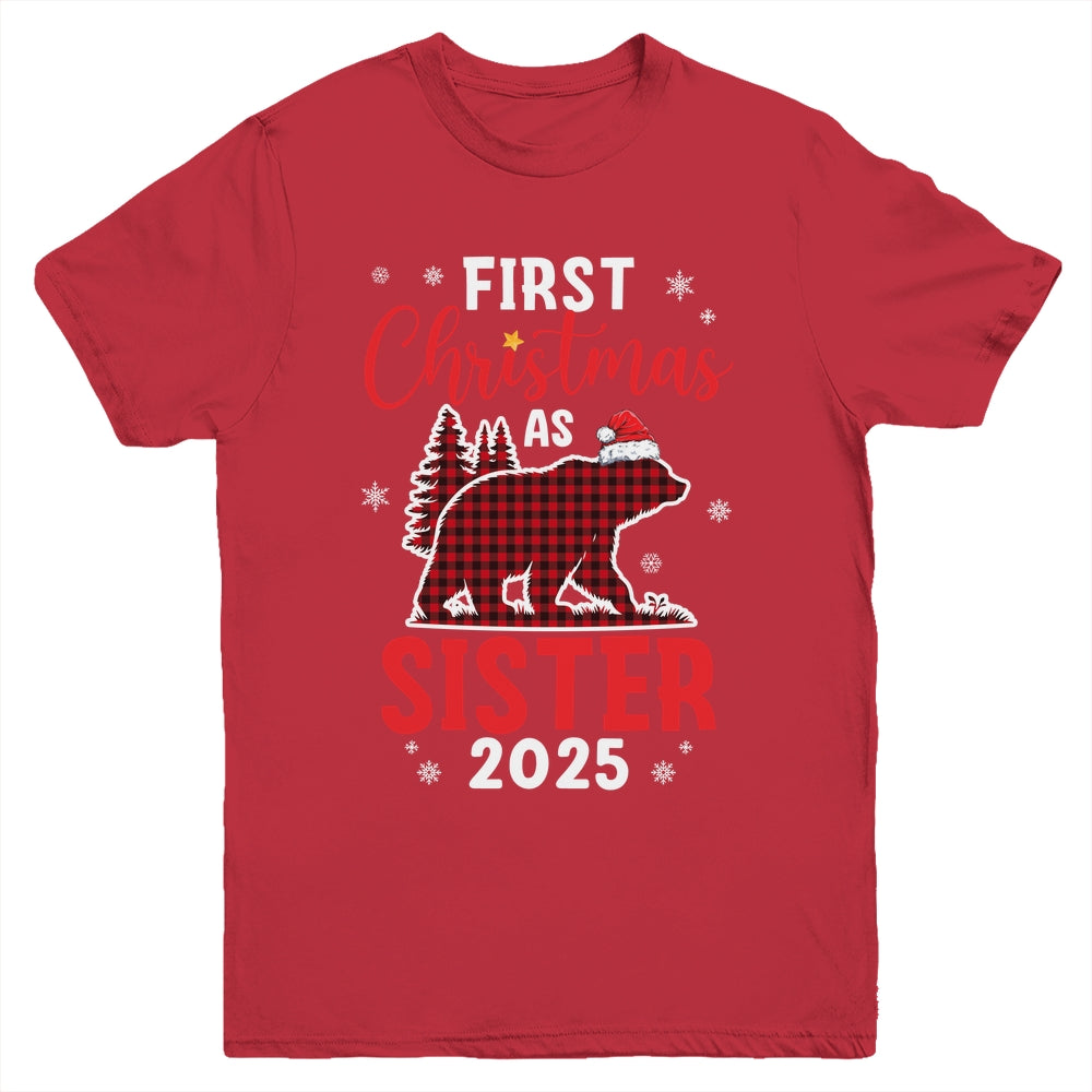 First Christmas As Sister Red Plaid Bear Santa Hat 2025 Youth Shirt | siriusteestore