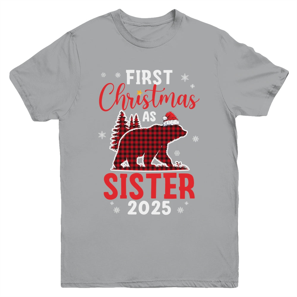 First Christmas As Sister Red Plaid Bear Santa Hat 2025 Youth Shirt | siriusteestore