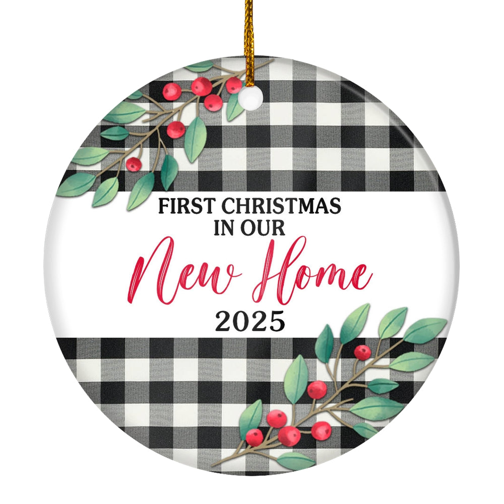 First Christmas In Our New Home Mr And Mrs 2025 Black White Buffalo Plaid For Wedding Newlywed Couple (20) Christmas Tree Ornament | siriusteestore