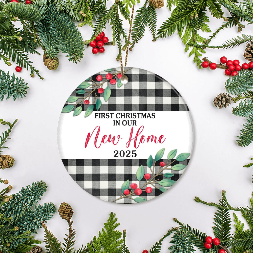 First Christmas In Our New Home Mr And Mrs 2025 Black White Buffalo Plaid For Wedding Newlywed Couple (20) Christmas Tree Ornament | siriusteestore