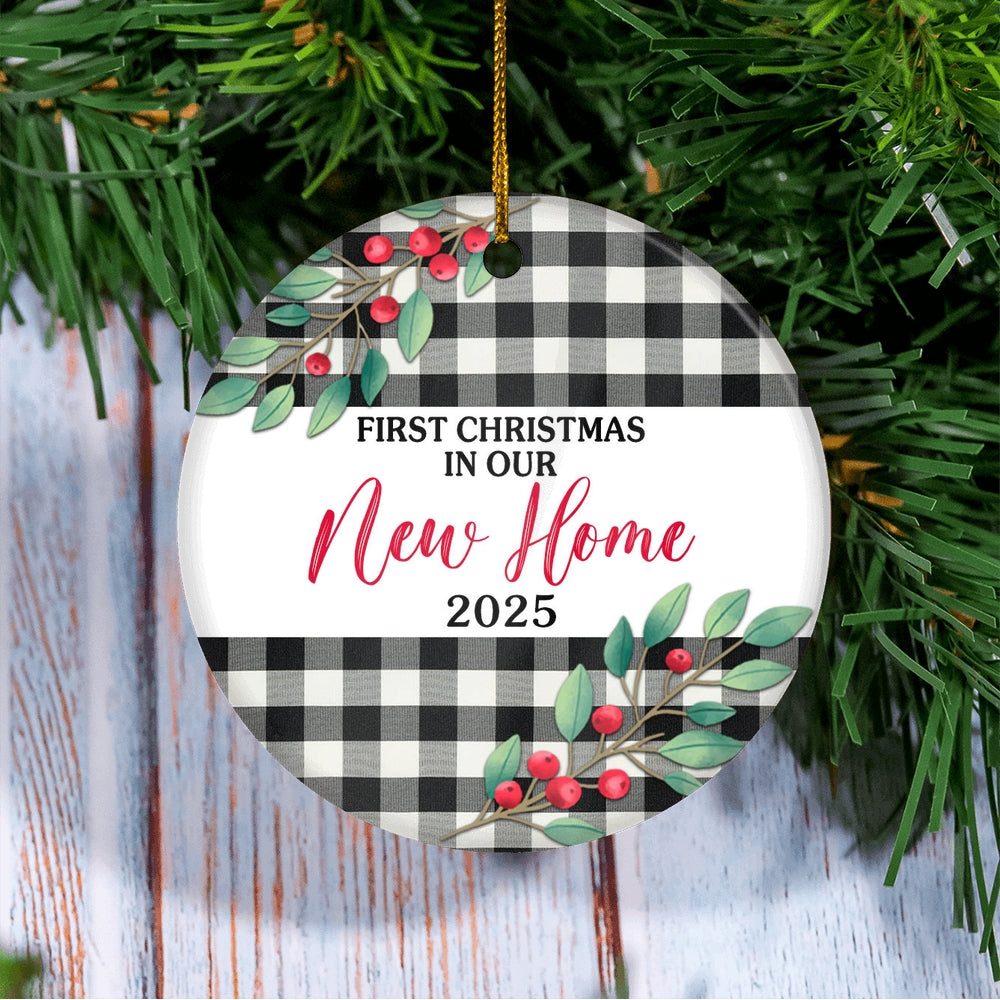 First Christmas In Our New Home Mr And Mrs 2025 Black White Buffalo Plaid For Wedding Newlywed Couple (20) Christmas Tree Ornament | siriusteestore