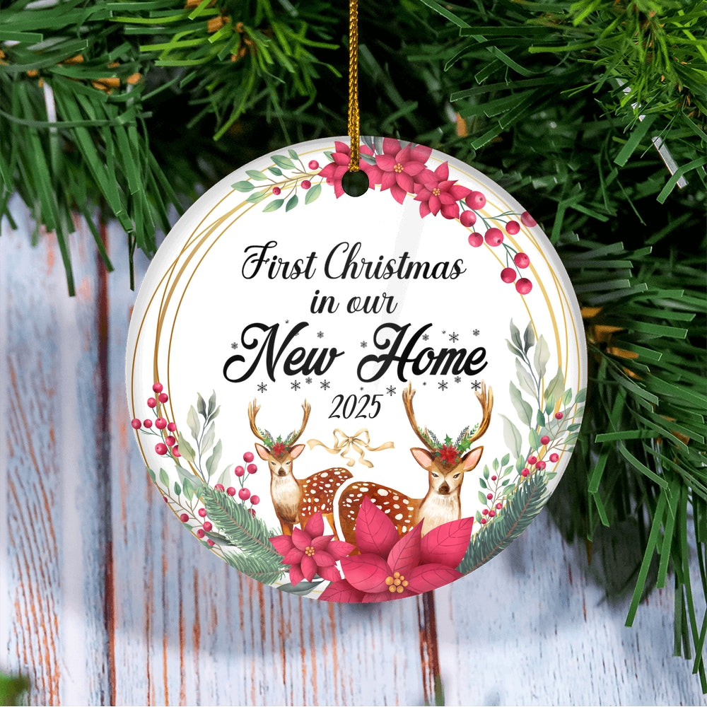 First Christmas In Our New Home Mr And Mrs 2025 Deer Christmas For Wedding Newlywed Couple (15) Christmas Tree Ornament | siriusteestore