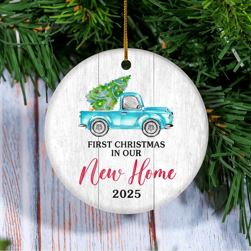First Christmas In Our New Home Mr And Mrs 2025 Truck Tree Wood For Wedding Newlywed Couple (18) Christmas Tree Ornament | siriusteestore