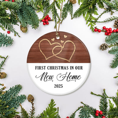 First Christmas In Our New Home Mr And Mrs 2025 White Brown Wood For Wedding Newlywed Couple 2025 Christmas Tree Ornament | siriusteestore
