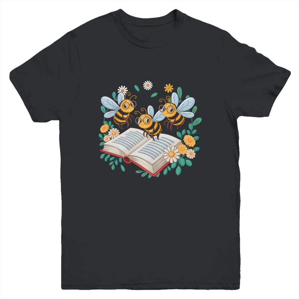 Floral Bee Reading Book Wildflower Bookish Librarian Bookworm Youth Shirt | siriusteestore