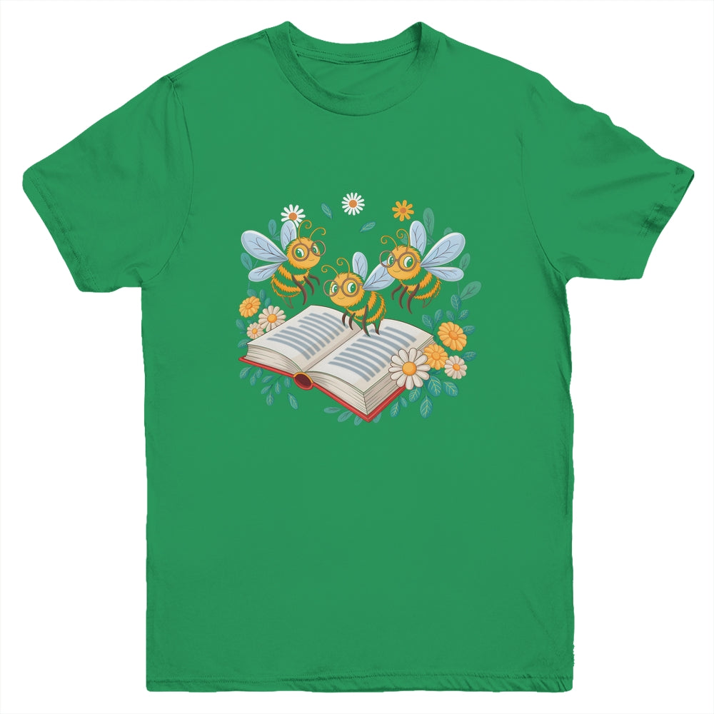 Floral Bee Reading Book Wildflower Bookish Librarian Bookworm Youth Shirt | siriusteestore