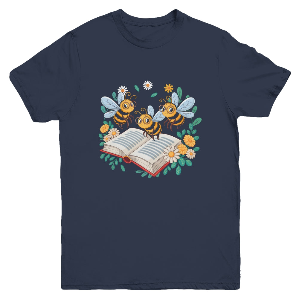 Floral Bee Reading Book Wildflower Bookish Librarian Bookworm Youth Shirt | siriusteestore