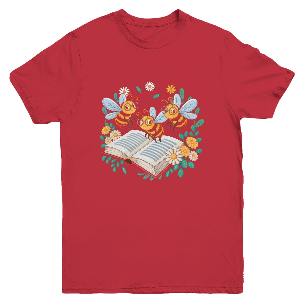 Floral Bee Reading Book Wildflower Bookish Librarian Bookworm Youth Shirt | siriusteestore