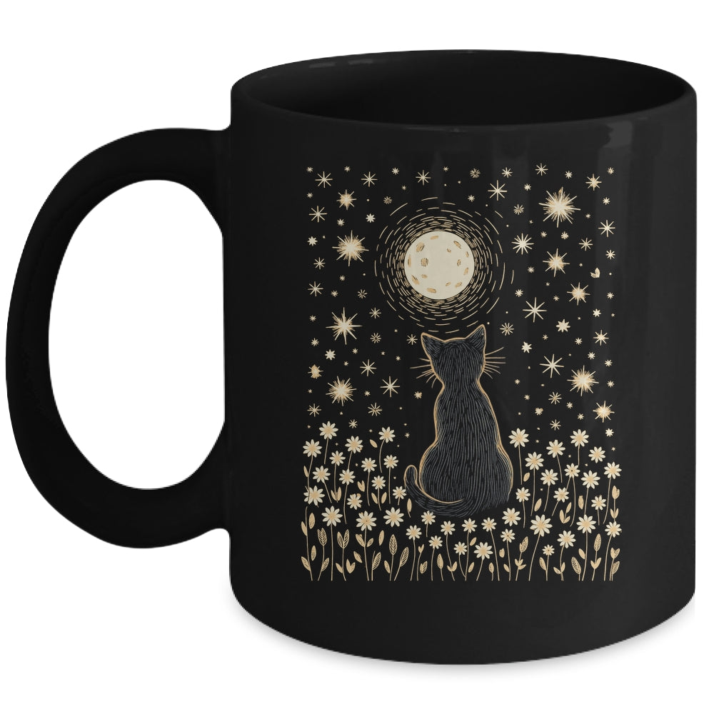 Floral Black Cat And Moon Halloween Cottagecore Aesthetic Mug | siriusteestore