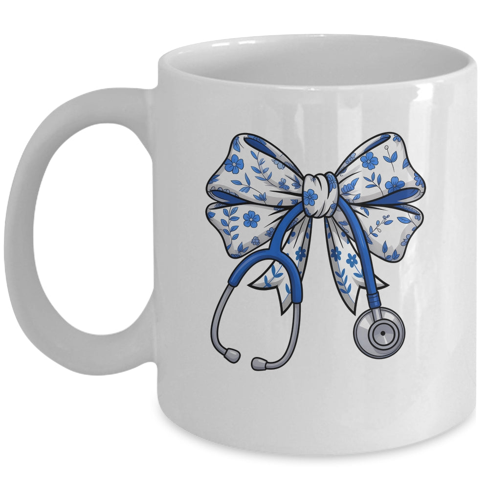 Floral Blue Coquette Bow Nurse Stethoscope Nursing Doctor Mug | siriusteestore