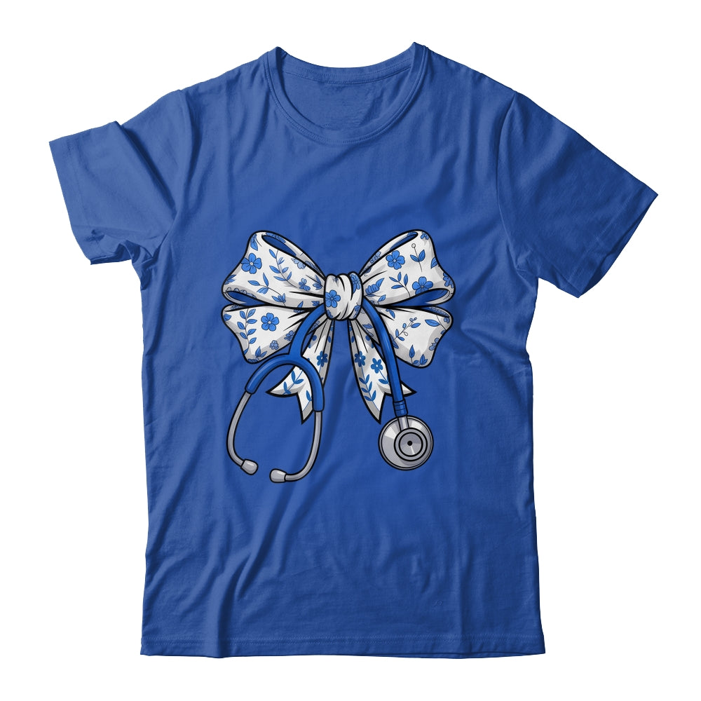 Floral Blue Coquette Bow Nurse Stethoscope Nursing Doctor Shirt & Tank Top | siriusteestore