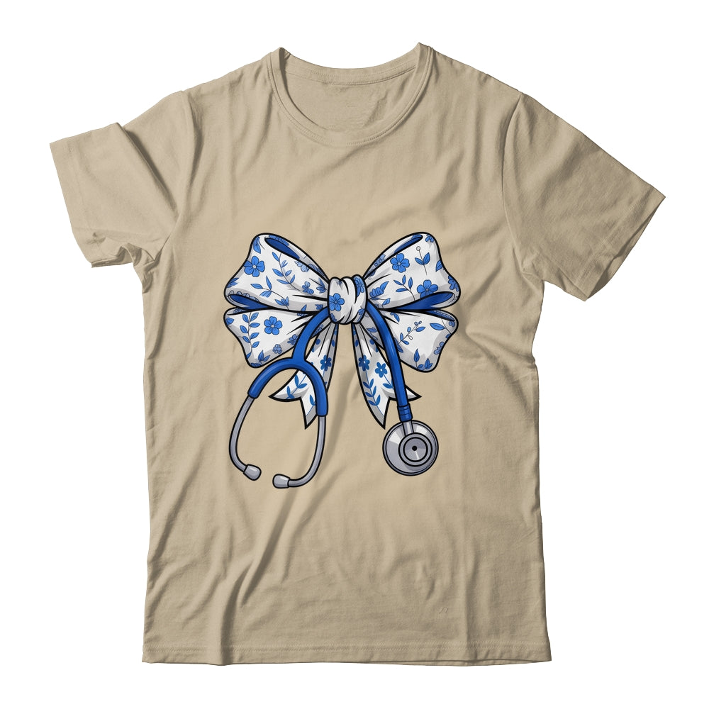 Floral Blue Coquette Bow Nurse Stethoscope Nursing Doctor Shirt & Tank Top | siriusteestore