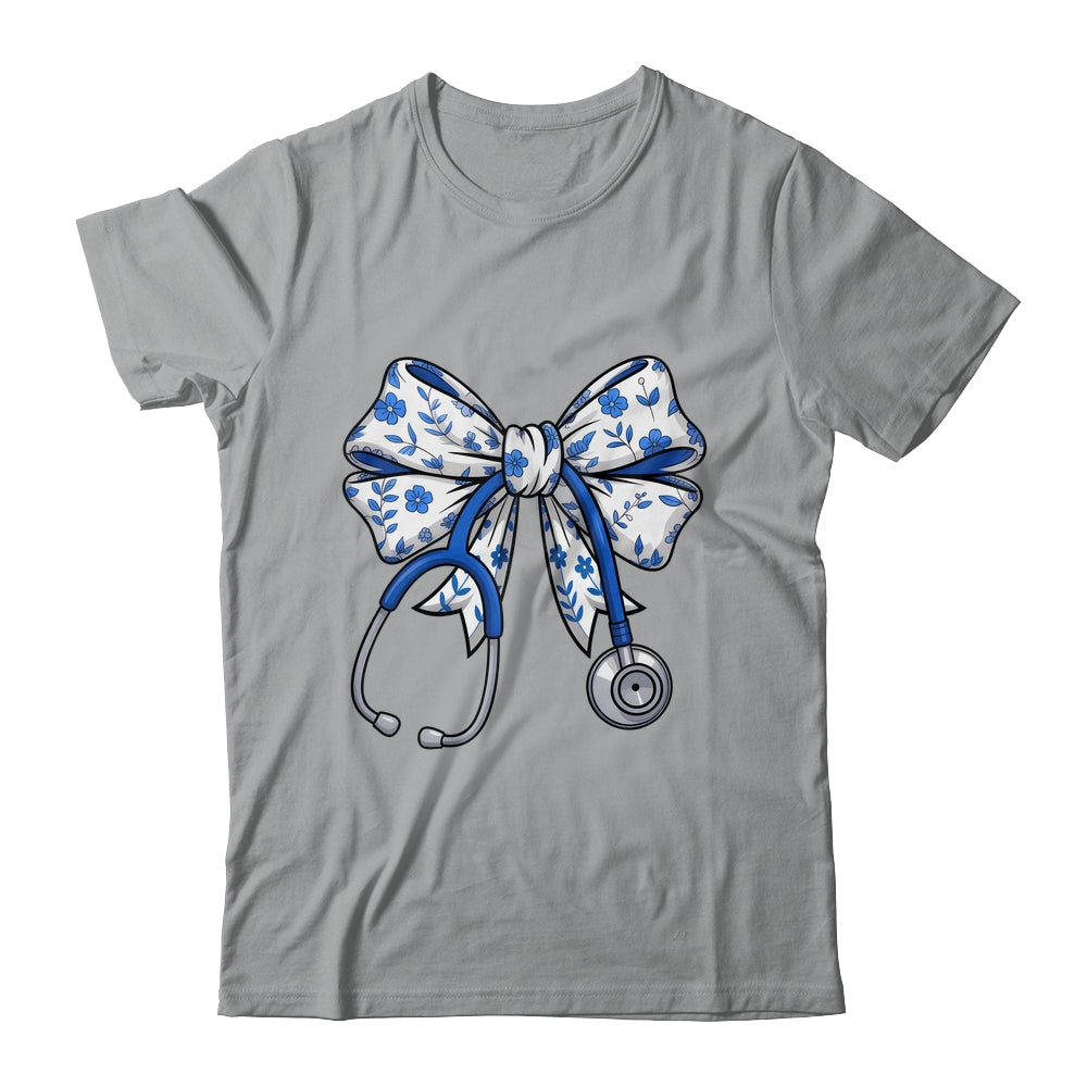 Floral Blue Coquette Bow Nurse Stethoscope Nursing Doctor Shirt & Tank Top | siriusteestore