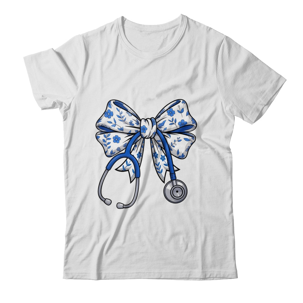 Floral Blue Coquette Bow Nurse Stethoscope Nursing Doctor Shirt & Tank Top | siriusteestore