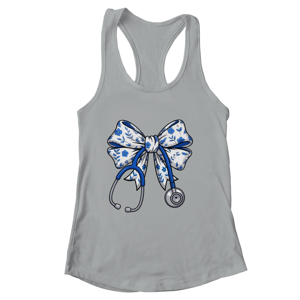 Floral Blue Coquette Bow Nurse Stethoscope Nursing Doctor Shirt & Tank Top | siriusteestore