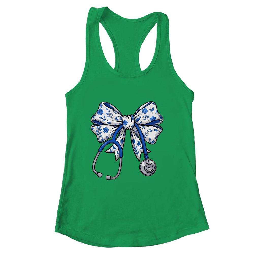 Floral Blue Coquette Bow Nurse Stethoscope Nursing Doctor Shirt & Tank Top | siriusteestore