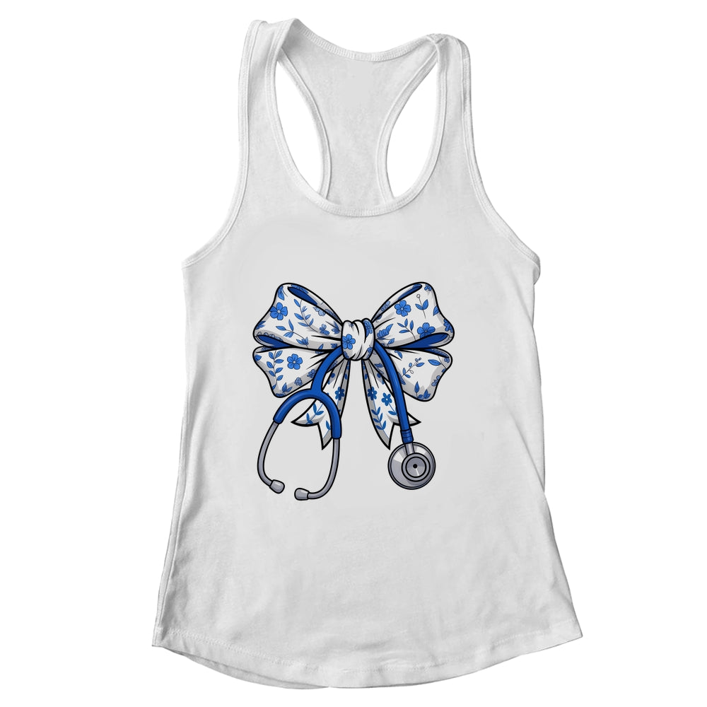Floral Blue Coquette Bow Nurse Stethoscope Nursing Doctor Shirt & Tank Top | siriusteestore