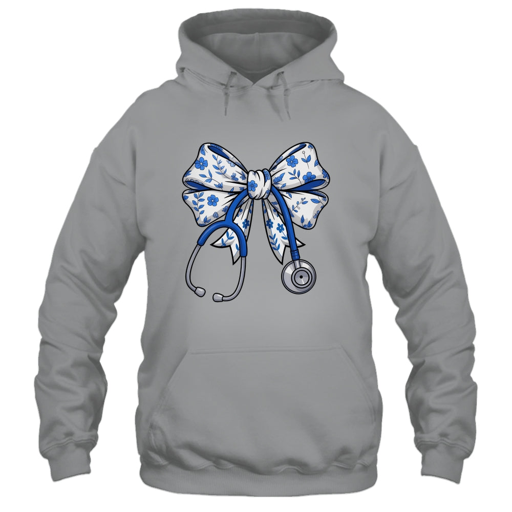 Floral Blue Coquette Bow Nurse Stethoscope Nursing Doctor Shirt & Tank Top | siriusteestore