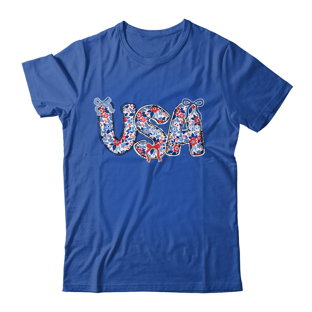 Floral Coquette USA Retro America 4th Of July Patriotic Girl Shirt & Tank Top | siriusteestore