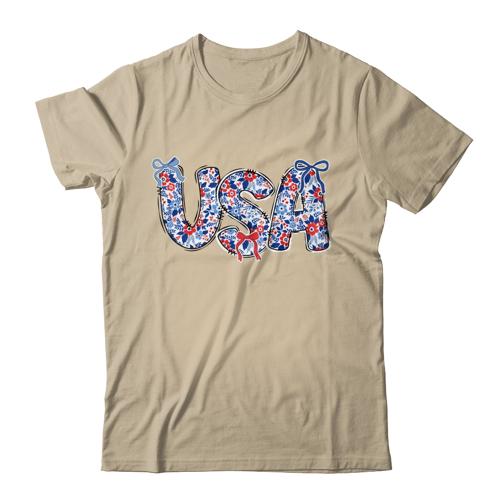 Floral Coquette USA Retro America 4th Of July Patriotic Girl Shirt & Tank Top | siriusteestore