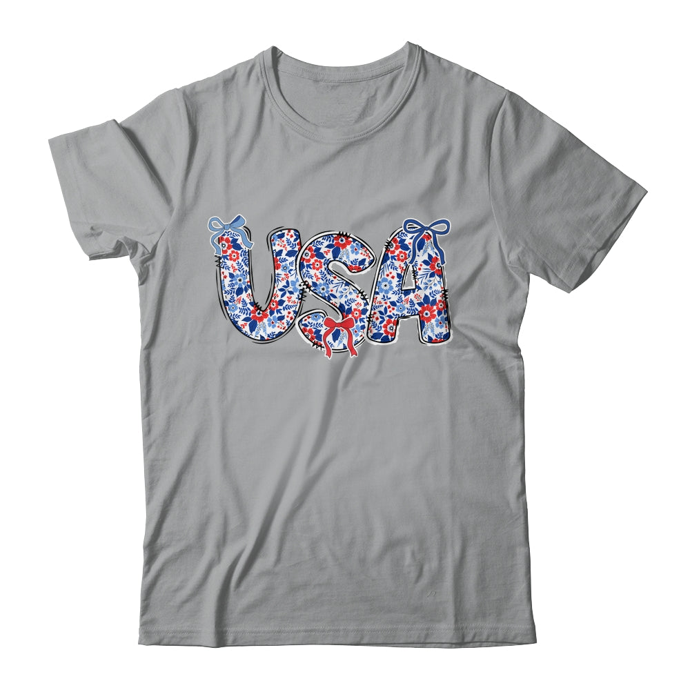 Floral Coquette USA Retro America 4th Of July Patriotic Girl Shirt & Tank Top | siriusteestore