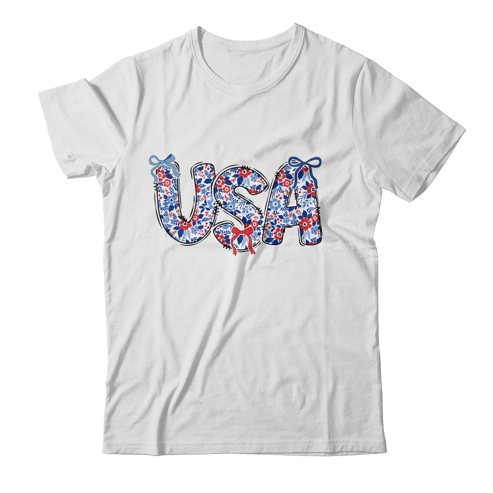 Floral Coquette USA Retro America 4th Of July Patriotic Girl Shirt & Tank Top | siriusteestore