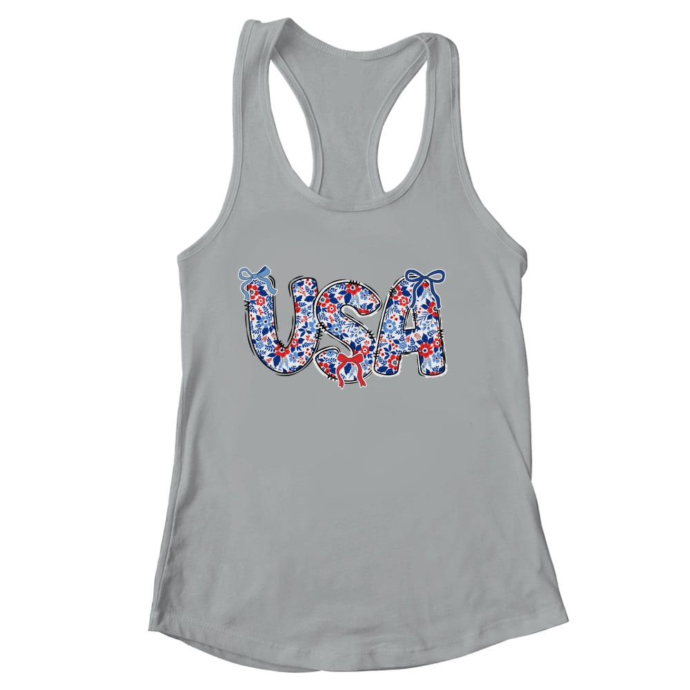 Floral Coquette USA Retro America 4th Of July Patriotic Girl Shirt & Tank Top | siriusteestore